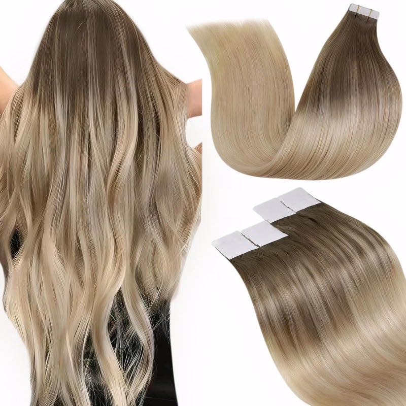 LaaVoo Tape in Extensions Balayage Blonde Human Hair Tape in Hair Extensions Light Brown to Ash Blonde Mix Platinum Blonde Hair Extensions Tape on Real Human Hair 18inch 50g 20pcs - Image 1